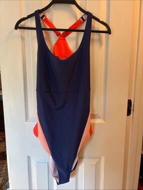 Title Nine Navy with Coral and Light Pink Colorblock One-Piece Swimsuit Sz L